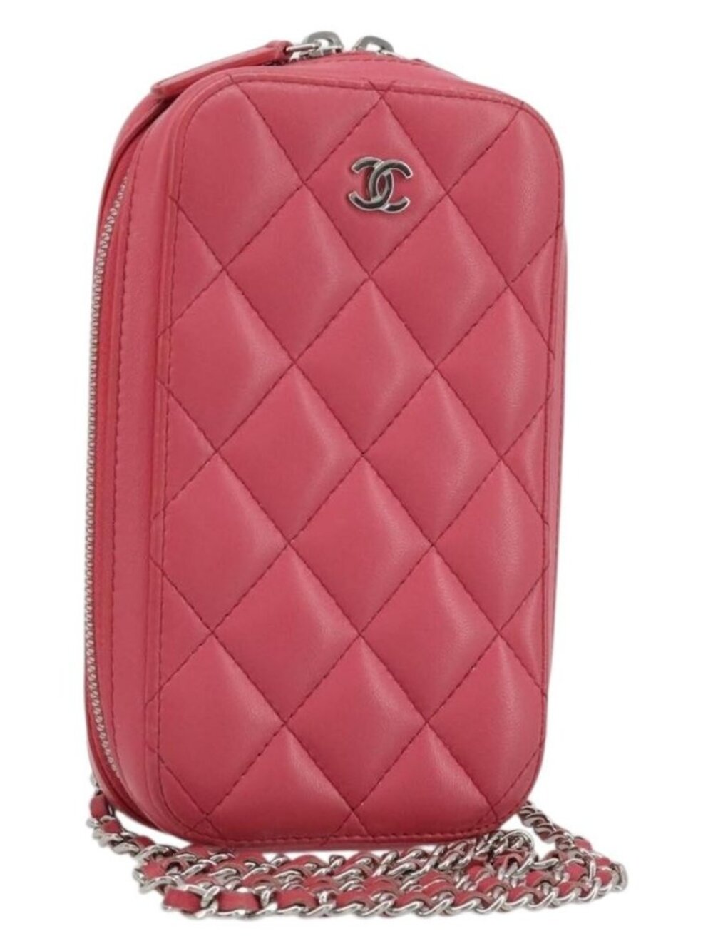CHANEL Phone Pouch Lamb Skin Pink Silver CC Auth ka4502M